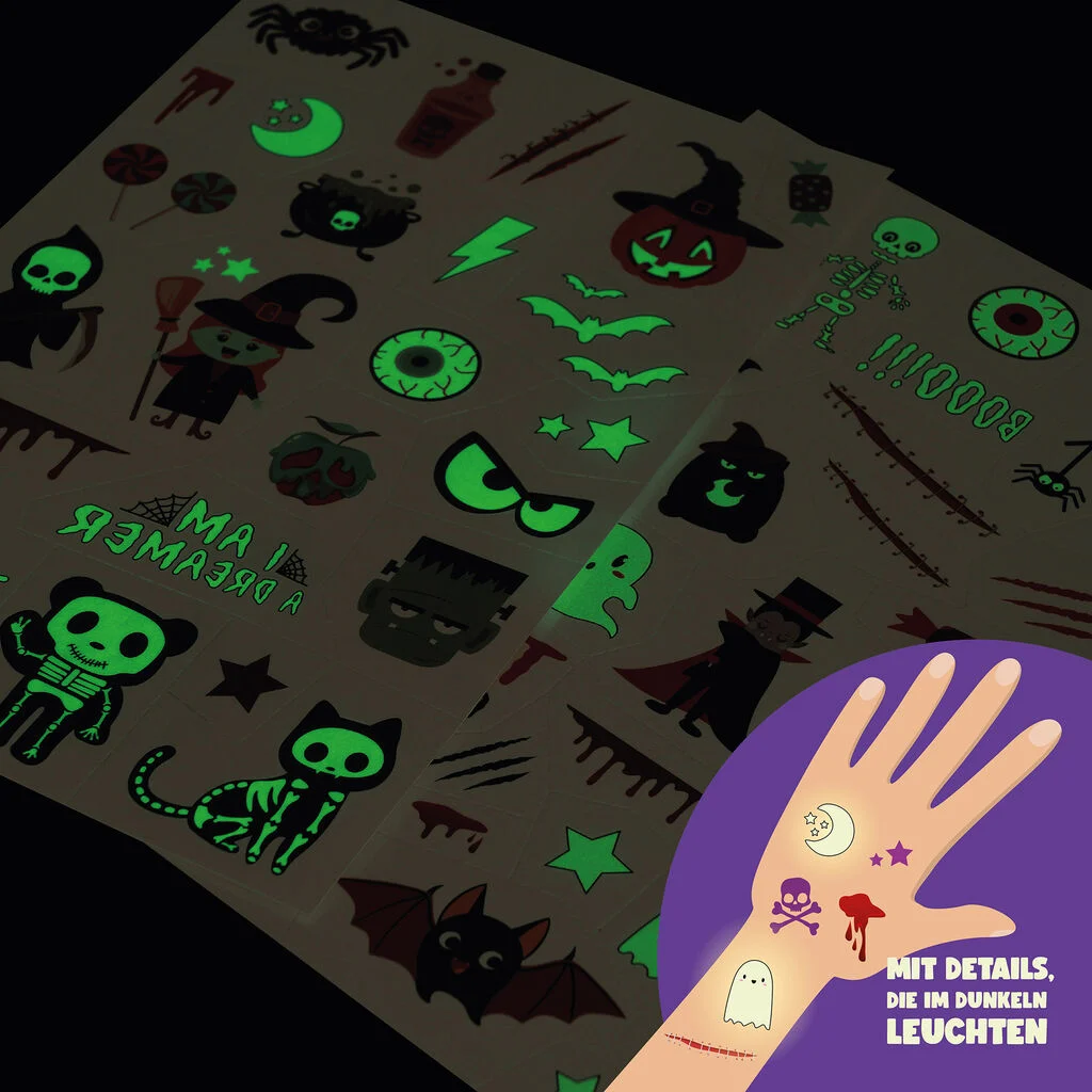 Halloween-Sticker, Leuchte im Dunkeln, Schädel, Fledermaus, Augen-Motiv