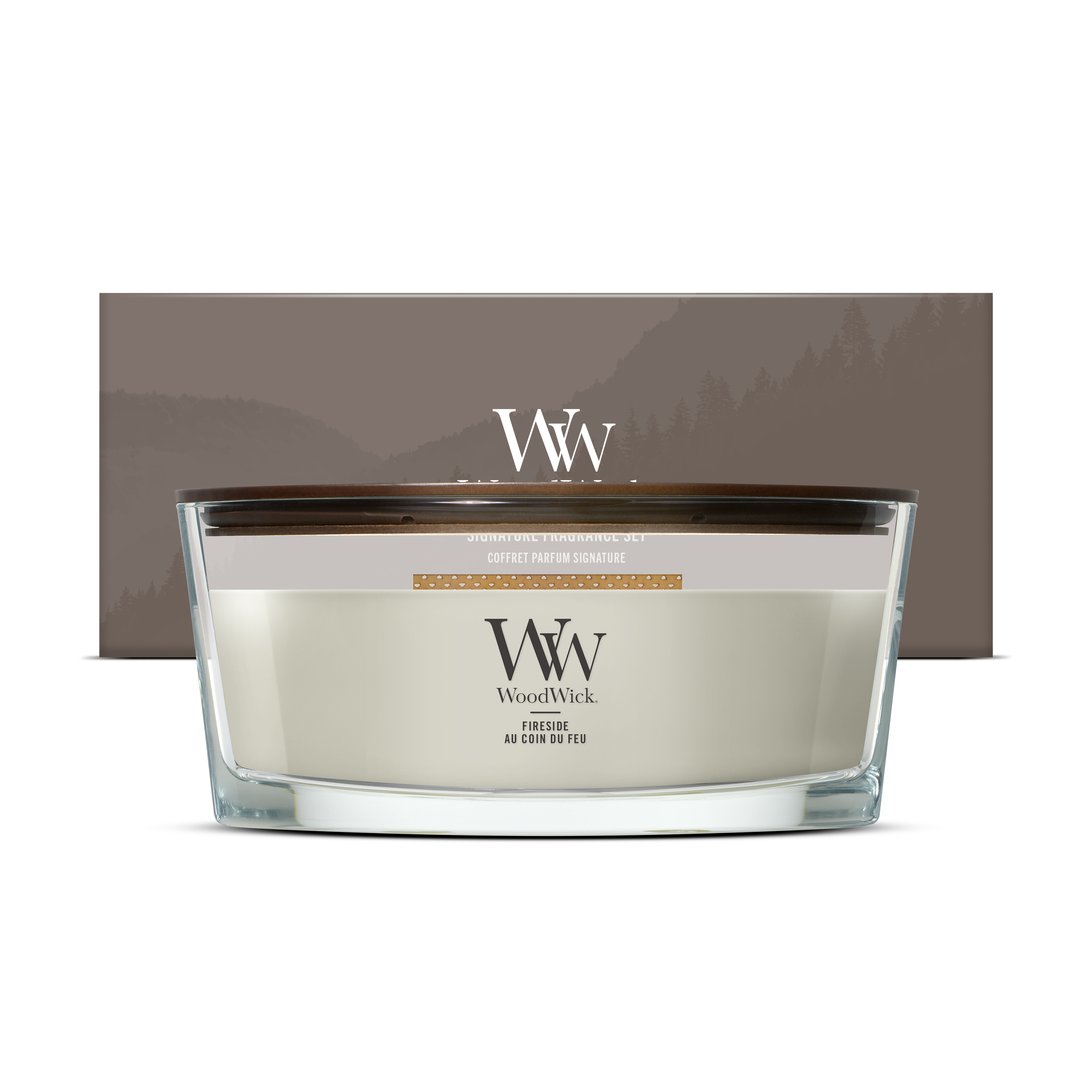Fireside Ellipse Jar 454g Geschenkset Signature 2026 Scented candle, Wood Wick, Glass jar, Cream candle, Brown box