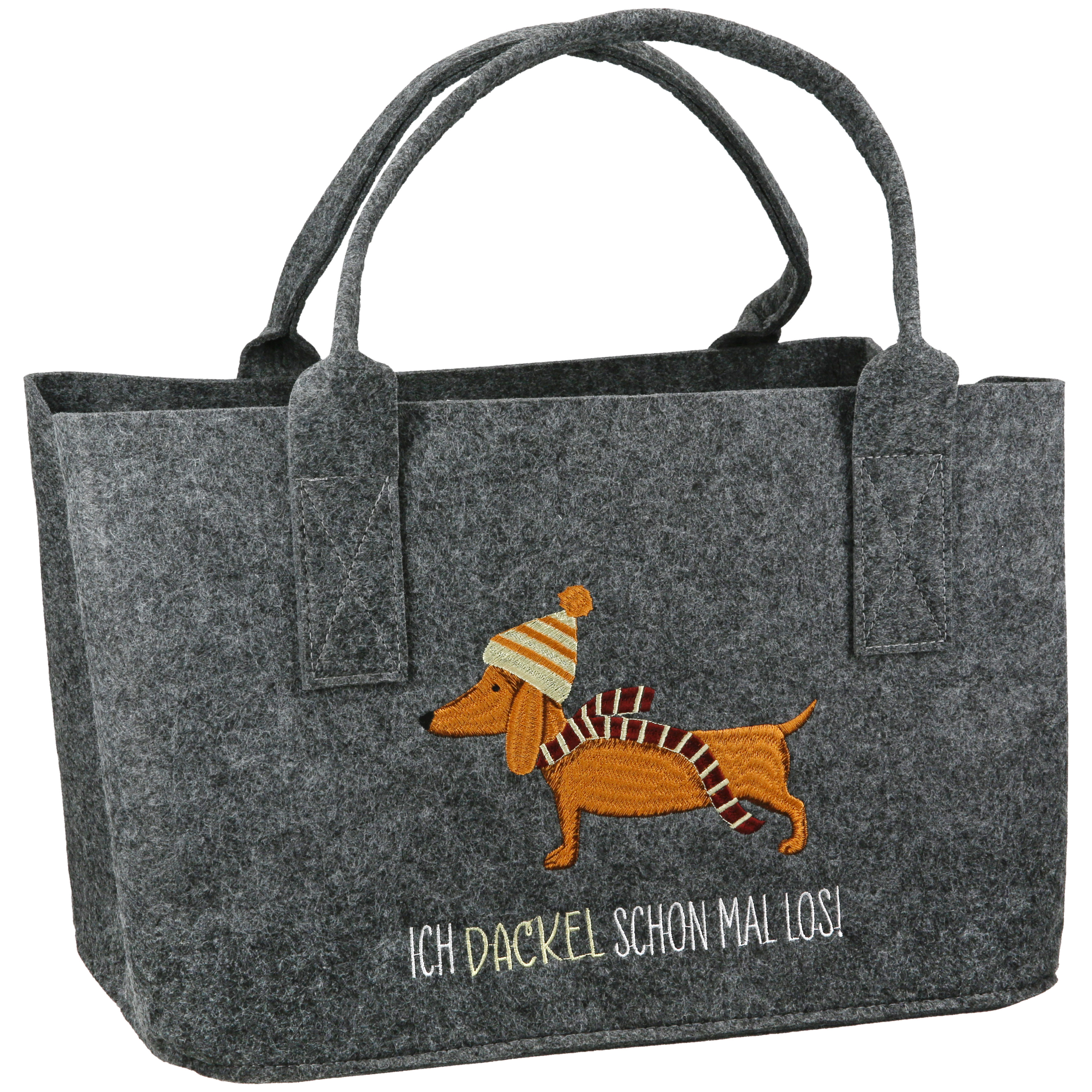 Wollfilz Tasche, Dackel Motif, Hundemotiv, Winteraccessoire, grau fleckig