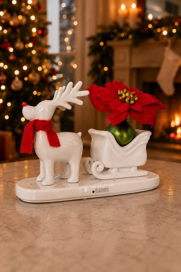 Rentier Rudolph mit Schlitten auf Platte Weihnachtsdeko, Rentier, Schlitten, Weihnachtsfigur, Porzellan