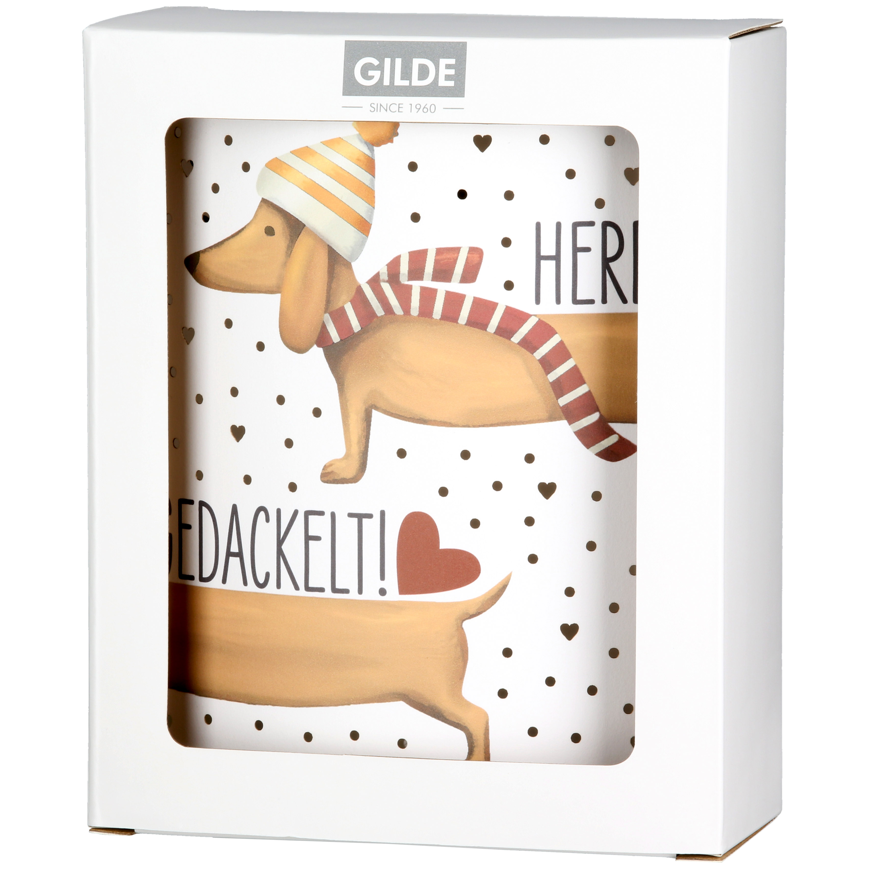 Dekoleuchte Dackel Frieda LED Papier weiß Dackel, Hund, Strickmütze, Schal, Muster