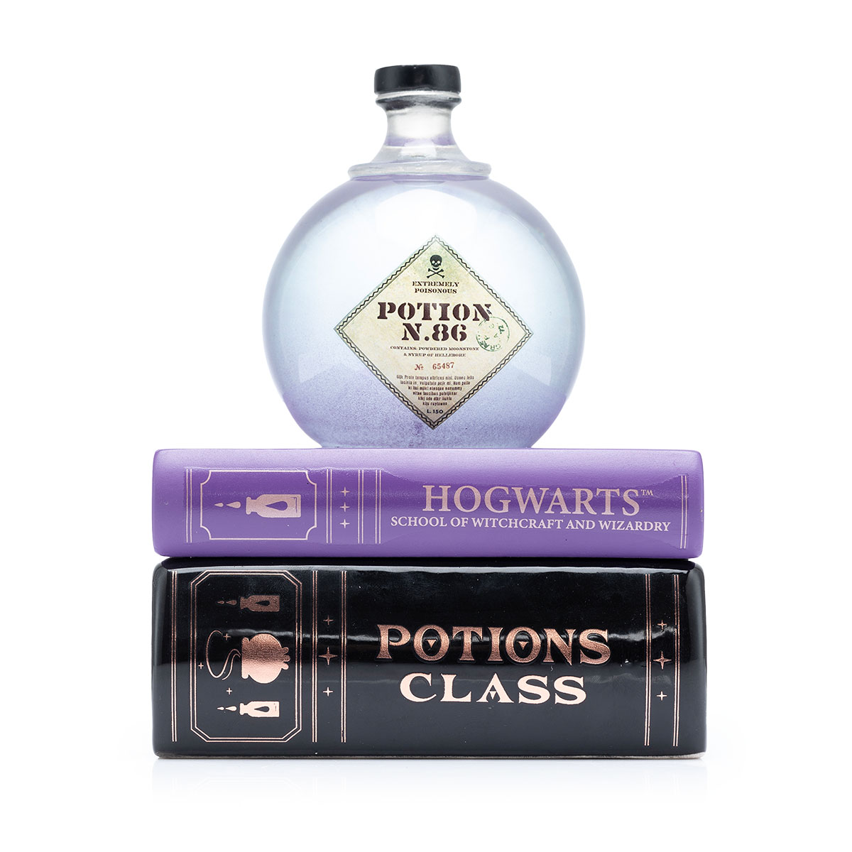 Duftkerze Harry Potter™ Book - 200g Zaubertrankflasche, Glasflasche, Hogwarts-Motiv, Lila und Schwarz, Totenkopfetikett