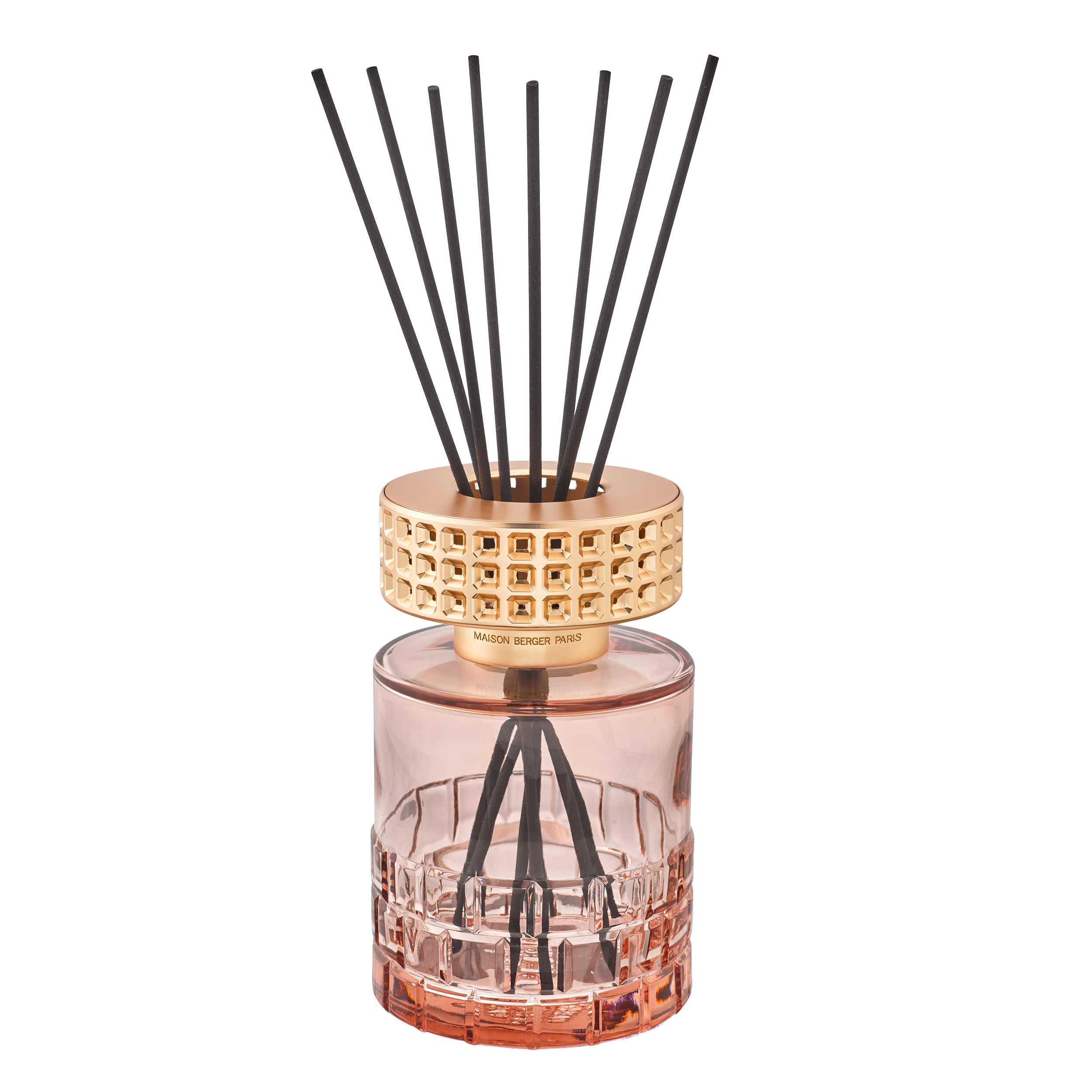 Duftholzdiffuser, Raumdufter, Rosa Glas, Goldfassung, Streben-Diffuser