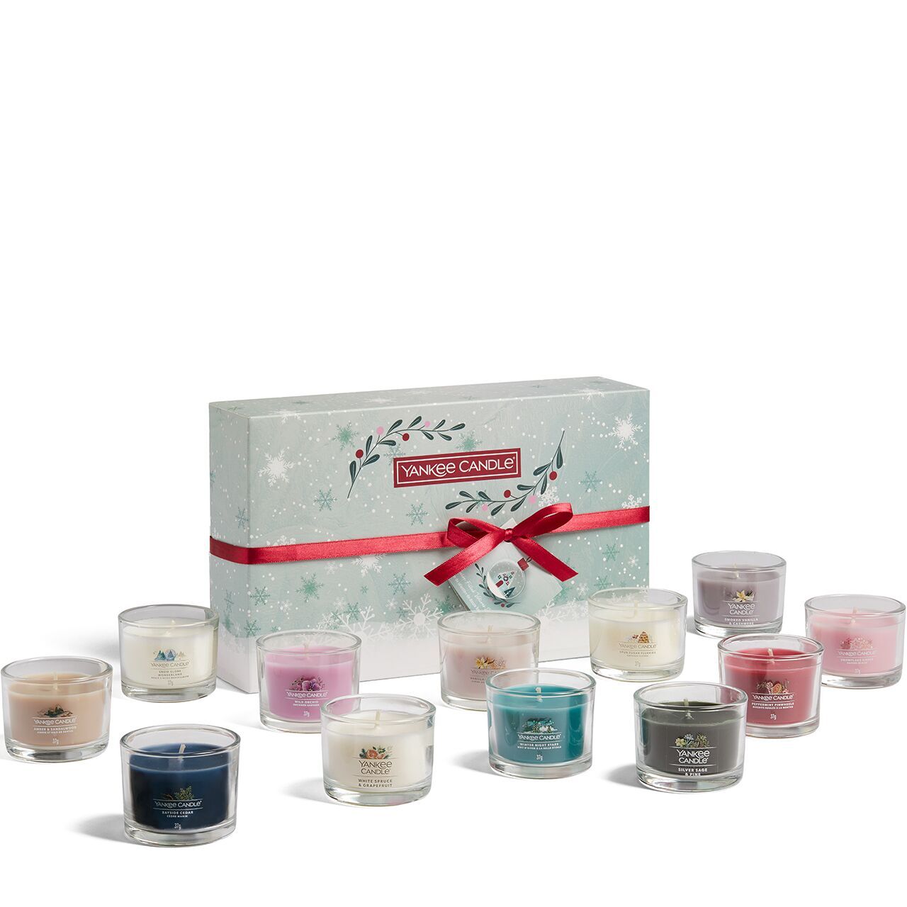 12 Glasvotivkerzen à 49g Geschenkset Weihnachten Snow Globe Wonderland