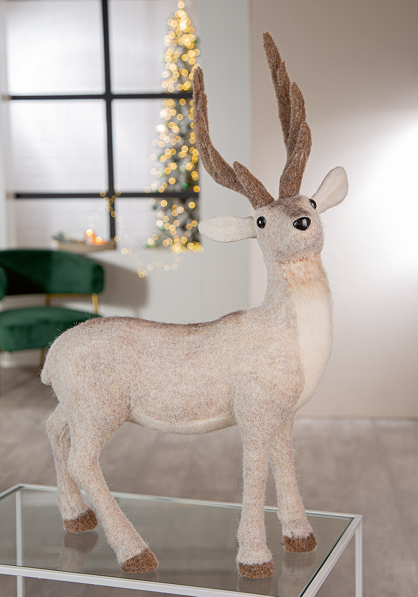 Dekofigur Hirsch Narvik stehend Rentier, Figurenstatuette, Weihnachtsdeko, flauschige Textur, Geweih