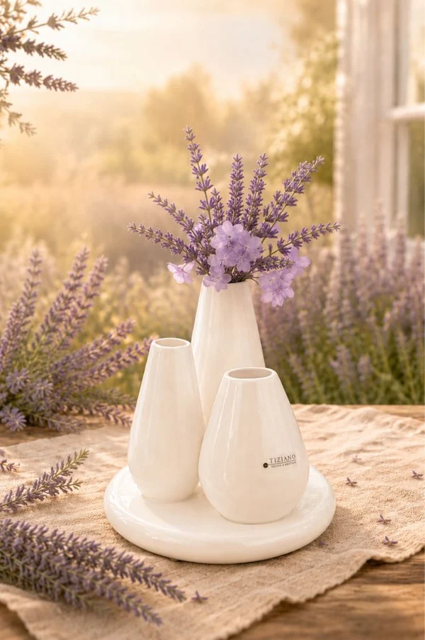 3er Multivase Rosalia cremeweiß Keramik 18cm Vase, Vasen, Keramik, Weiß, Lavendel-Dekoration