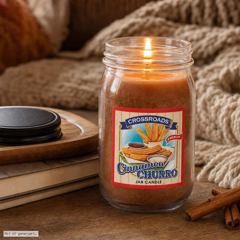 Crossroads Cinnamon Churro Duftkerze im Glas 340g Duftkerze, Glasgefäß, Zimtduft, Braunes Wachs, Brennender Docht