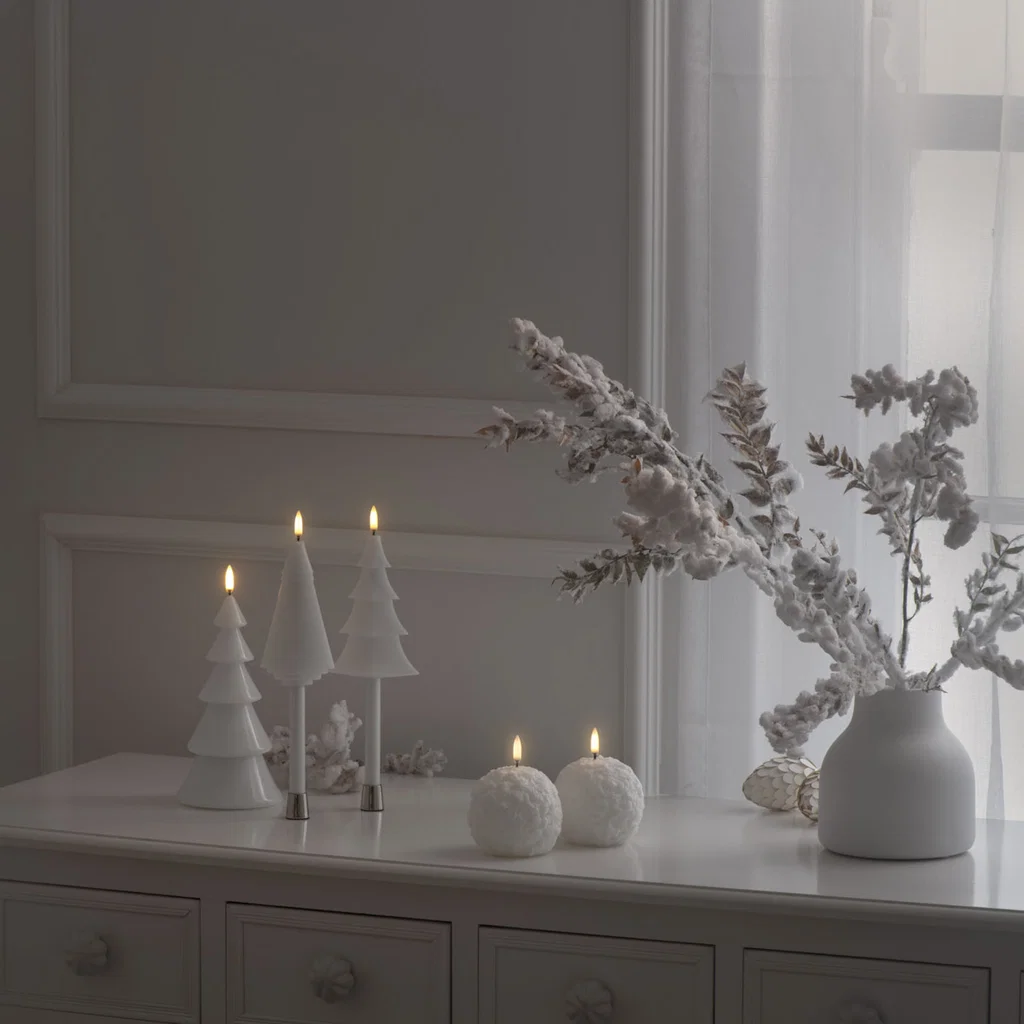 weiße deko, kerzen, schneebedeigte zweige, vase, weihnachtsdeko