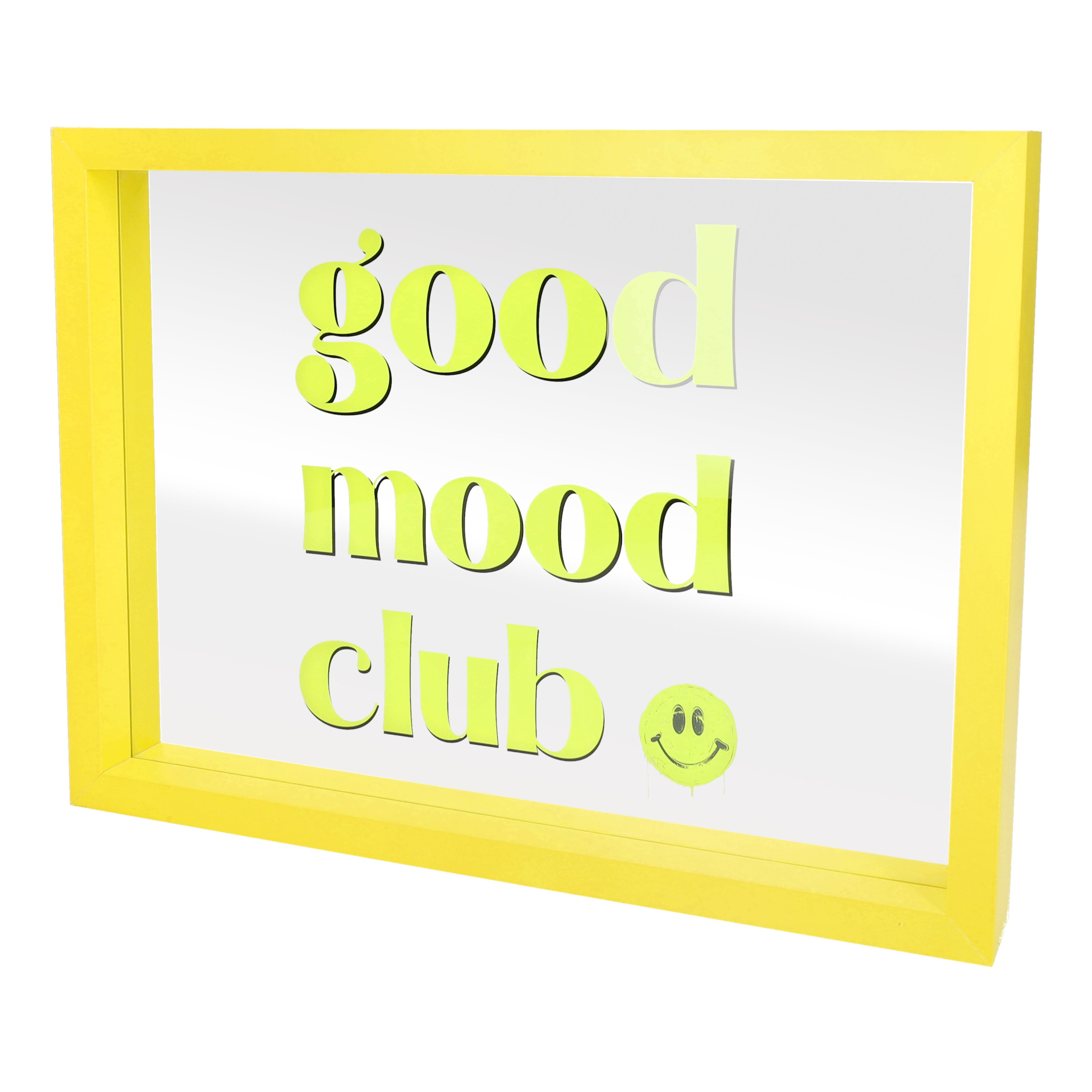 Love Frames Glasbild Good mood club gelb 35x26x4cm canvas, zeichen, gelber rahmen, lächelndes gesicht, text schild