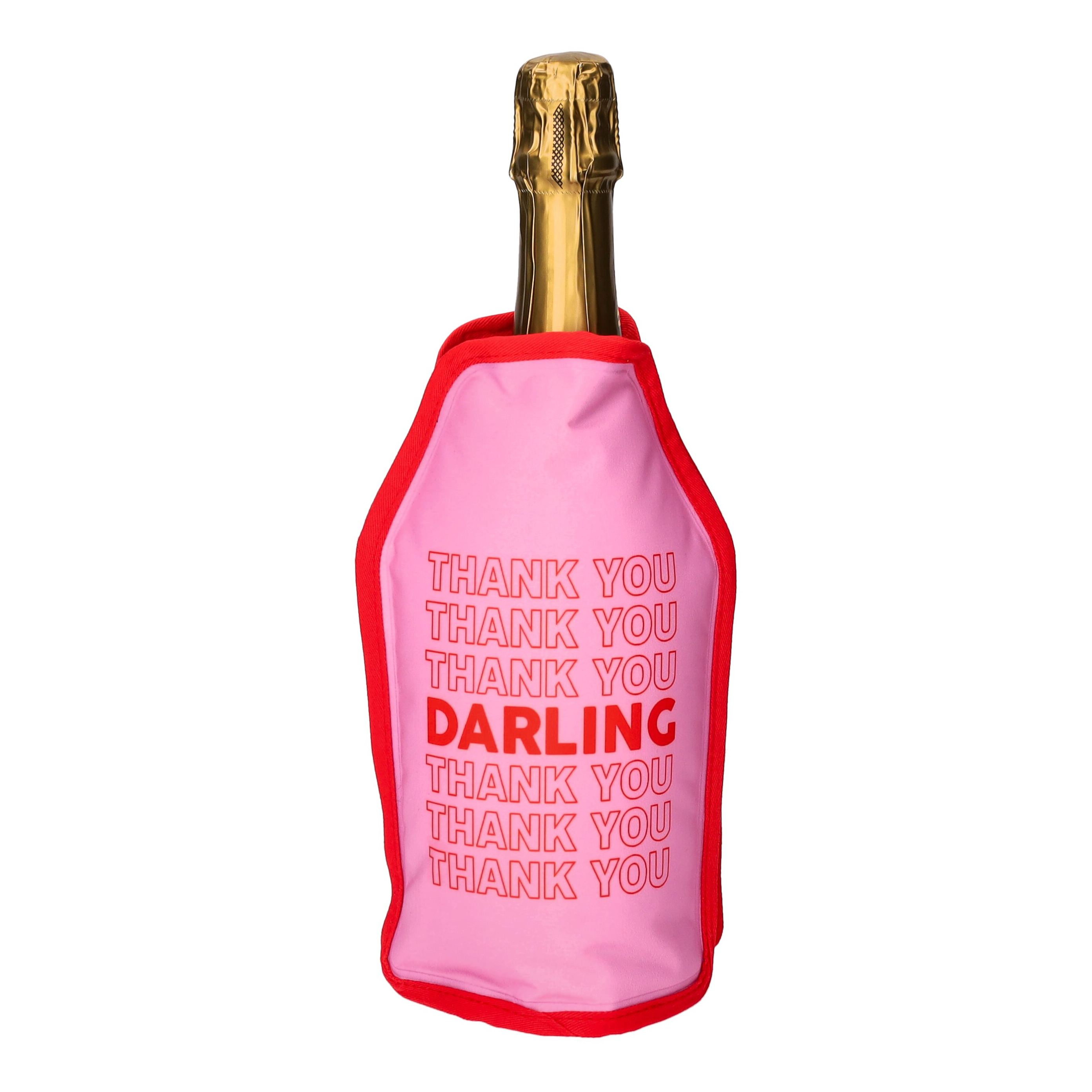 Champagnerflasche, rosa Hülle, rote Kante, Danke Text, Darling Schrift