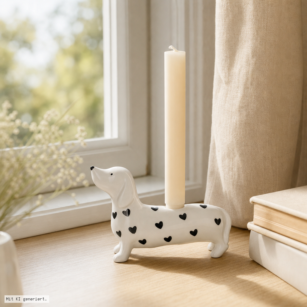 Mignon, Kerzenhalter Dackel mit Herzen, weiss Hundedekoration, Kerzenhalter, Kerze, Herz Muster, Wohnaccessoire