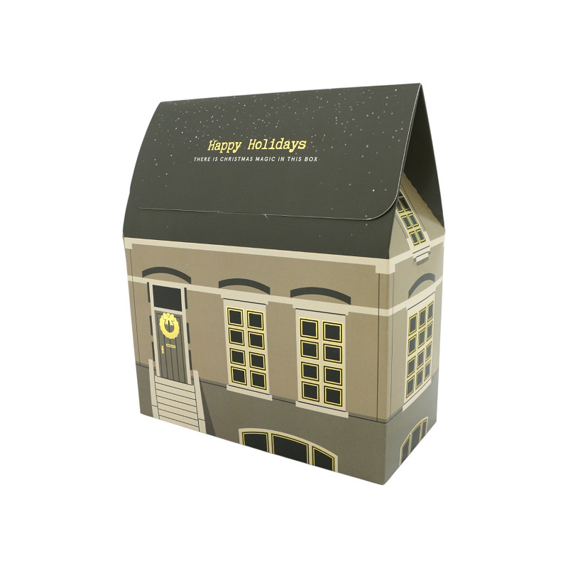 House Scandi Geschenkverpackung 20x23cm weihnachtsbox, hausform, druckgrafik, fensterreihe, dachüberhang