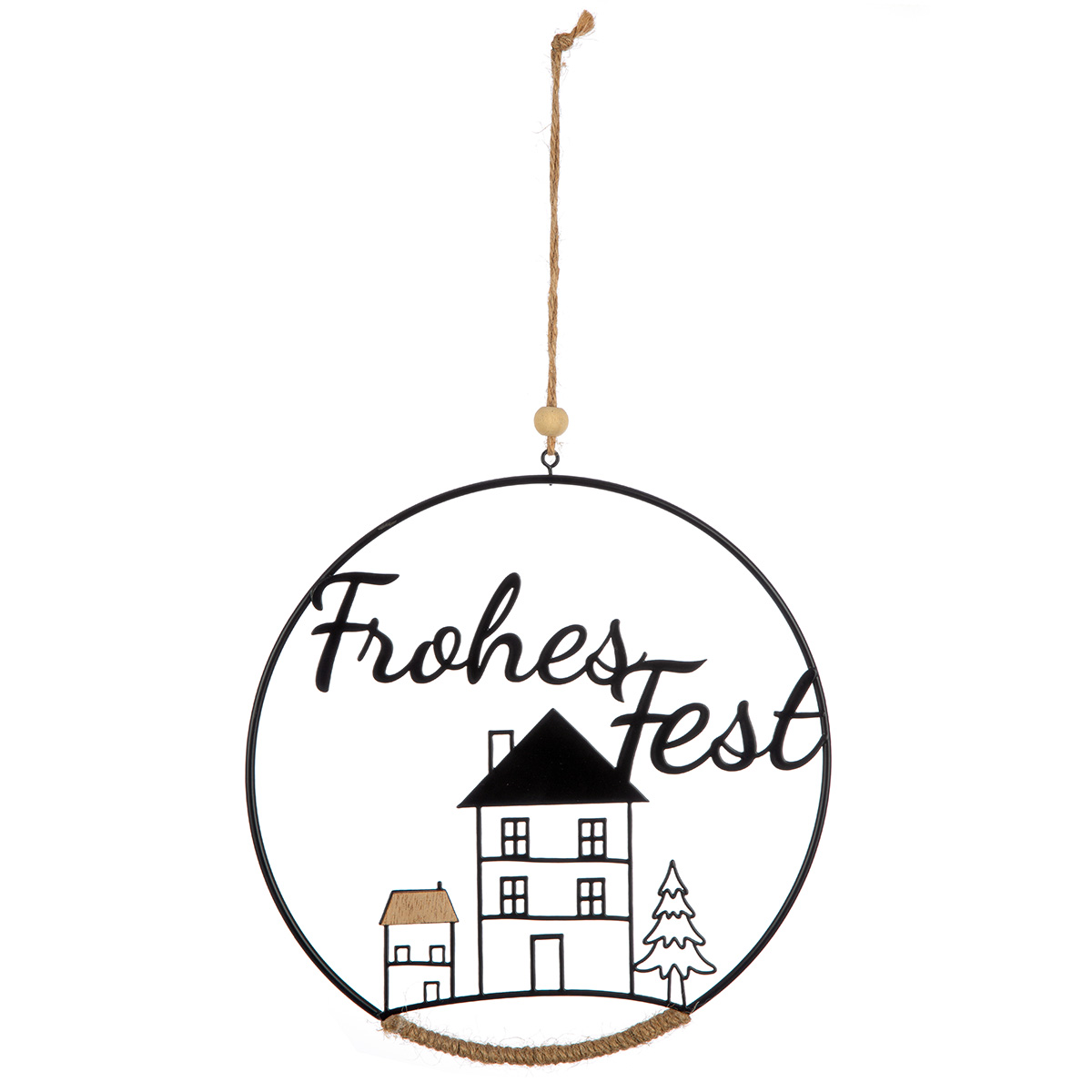 Deko Hänger "Frohes Fest" 20cm Weihnachtsdeko, Türhänger, Kreisel, Hausmotiv, Holz/Metall Dekor