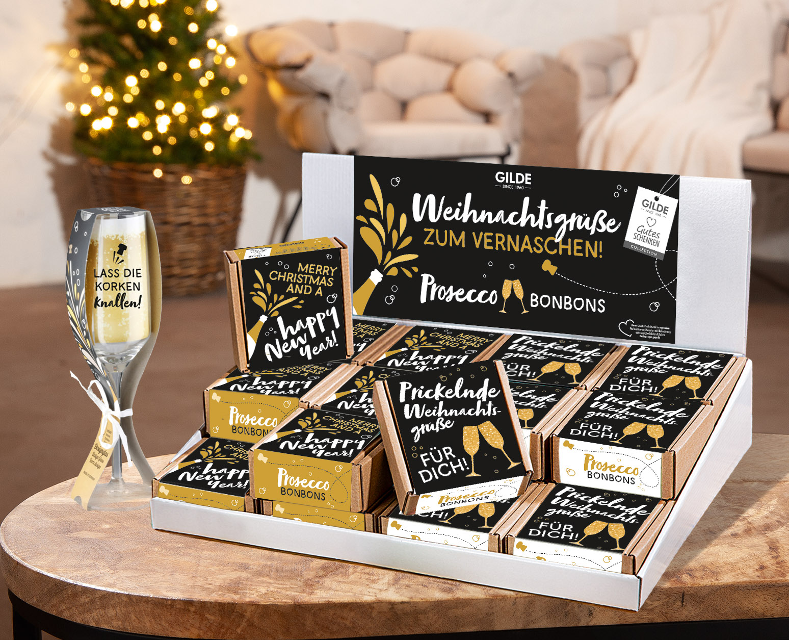 Prosecco Bonbons "Prickelnde Weihnachtsgrüße" Schokoladenbonbons, Weihnachtsgeschenk, Prosecco Bonbons, Schachtel-Set, Gold-Schwarz-Dekor