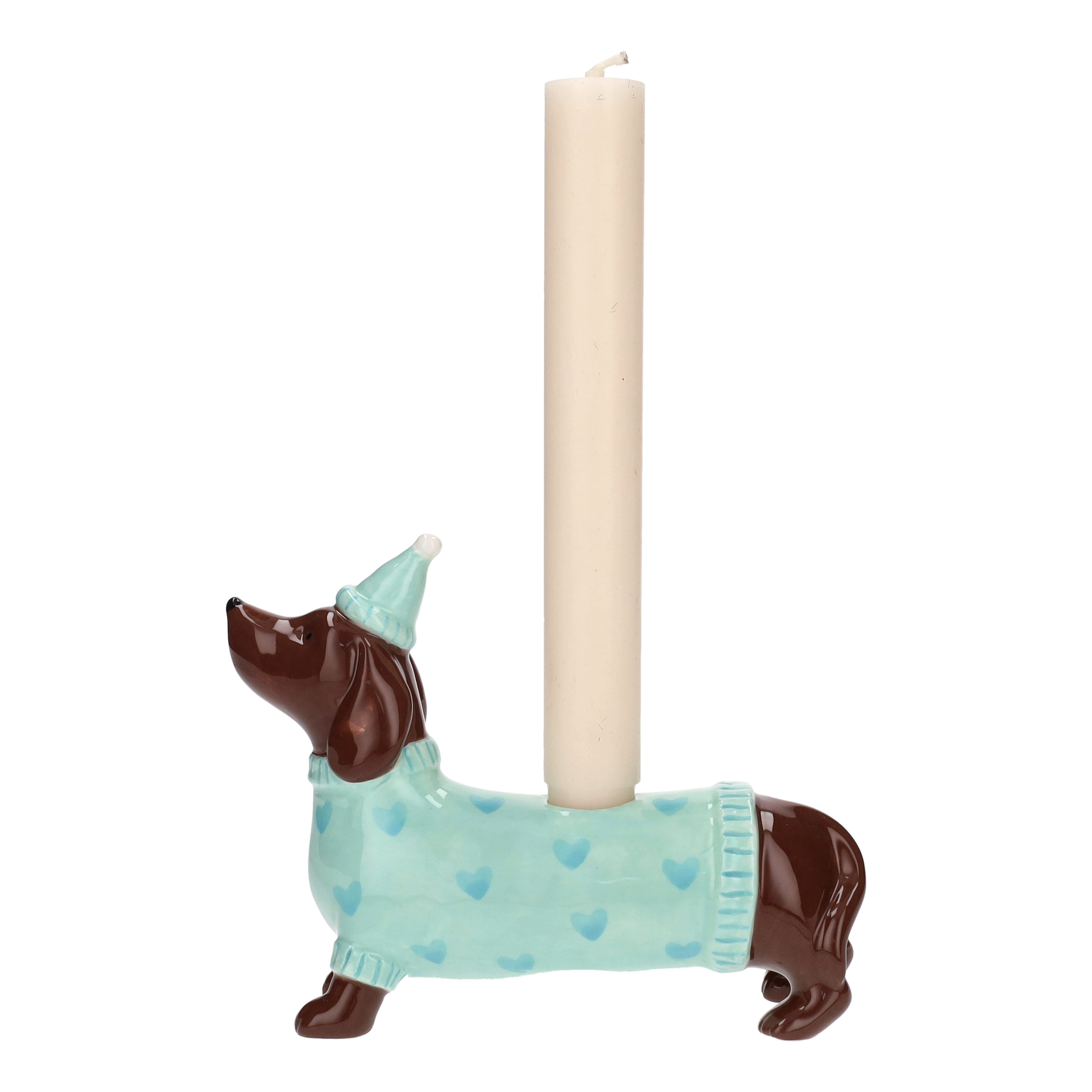 Mignon, Kerzenhalter Dackel mit Mütze, türkis Kerze, Hundfigur, Laternenhalter, Kleidung Muster, Wachskerze