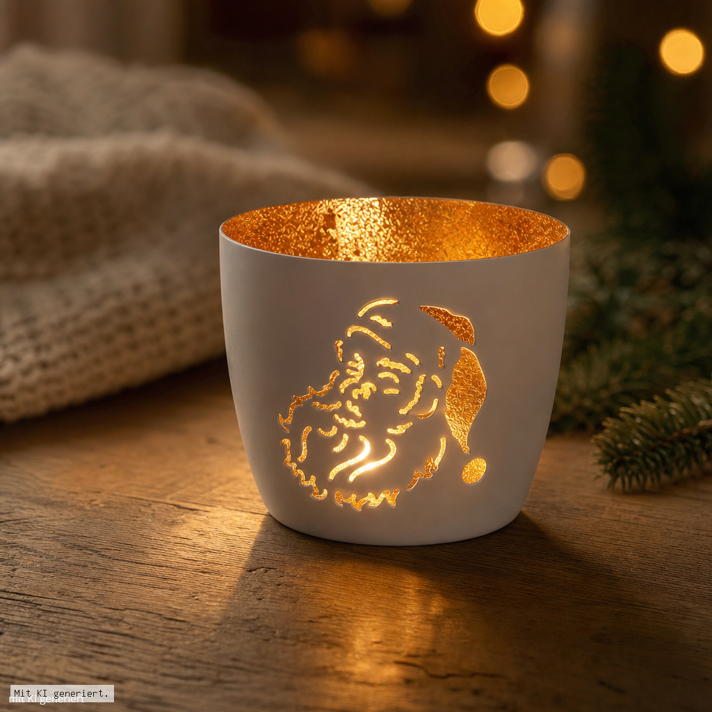 Madras Windlicht M mit Weihnachtsmann-Motiv in Weiß/Gold Kerzenhalter, Weihnachtsdeko, Santaclaus-Motiv, Kerze, Gold innen