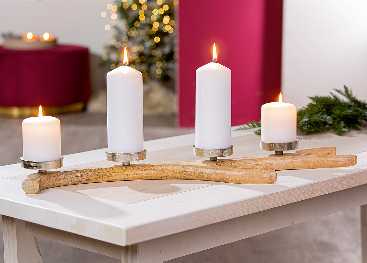 Teelichthalter, Kerzenhalter, Holzstab, Vier Kerzen, Weihnachtsdeko