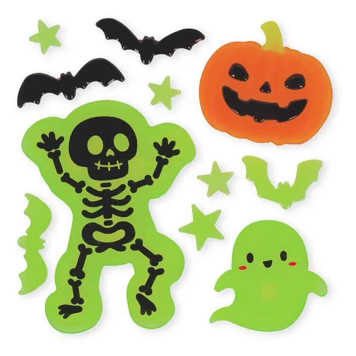 Halloween, Sticker set, Kürbis, Skelett, Geist, Fledermäuse, Sterne, Leuchtgrün, Oranger Kürbis, Cartoon