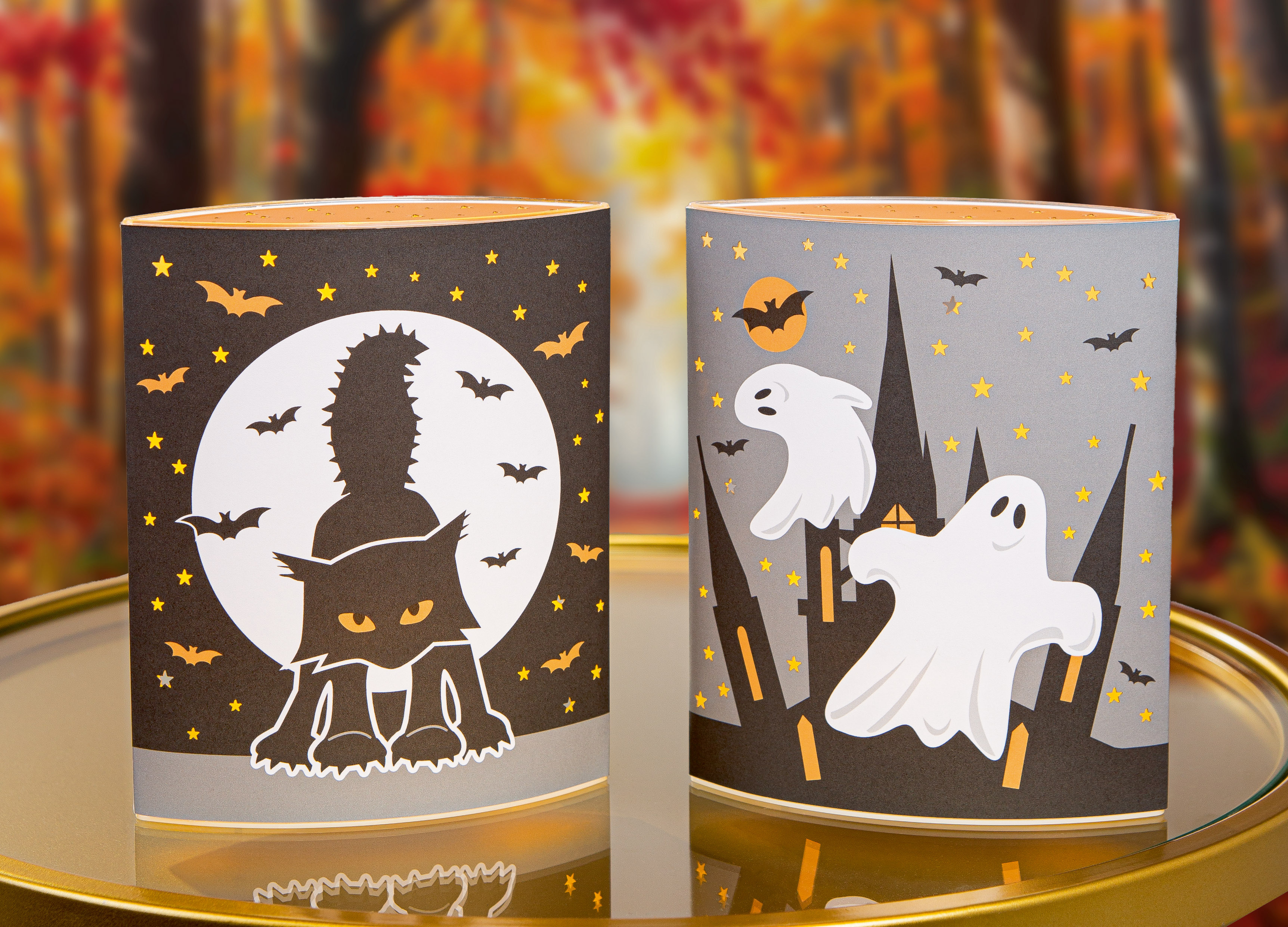 Halloween, Halloween Laternen, Katzensilhouette, Geister, Mondnacht