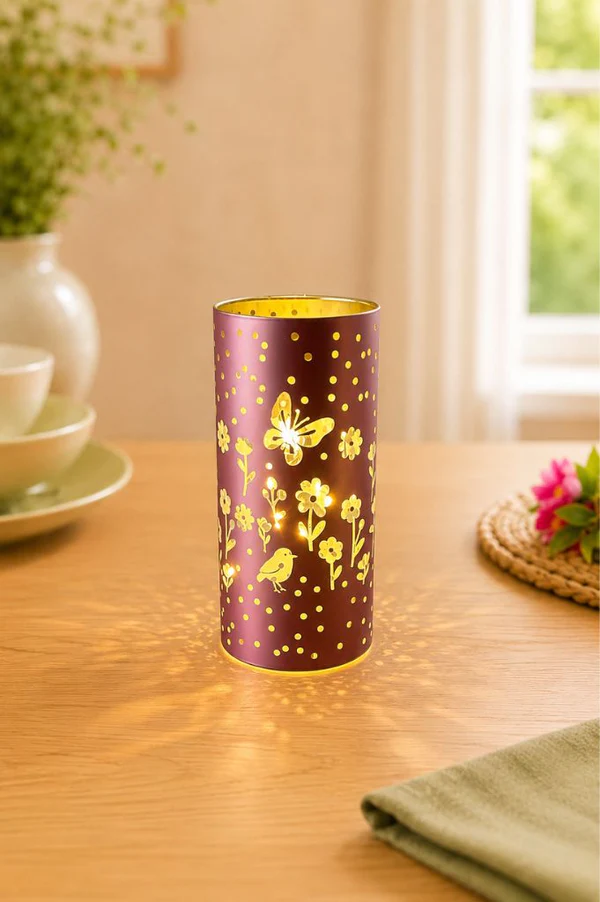 Glaslicht Polline LED 20cm rosa Vase, Kerzenhalter, Dekor, Blumenmuster, Goldfarben