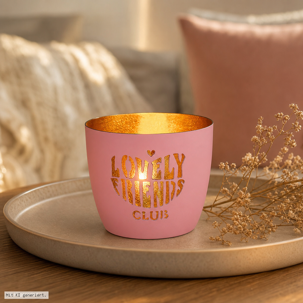 Madras Windlicht M mit Motiv Lovely friends club in rosa/gold Kerzen, rosa Kerze, Goldfolie, lovely friends, Dekorationskerze