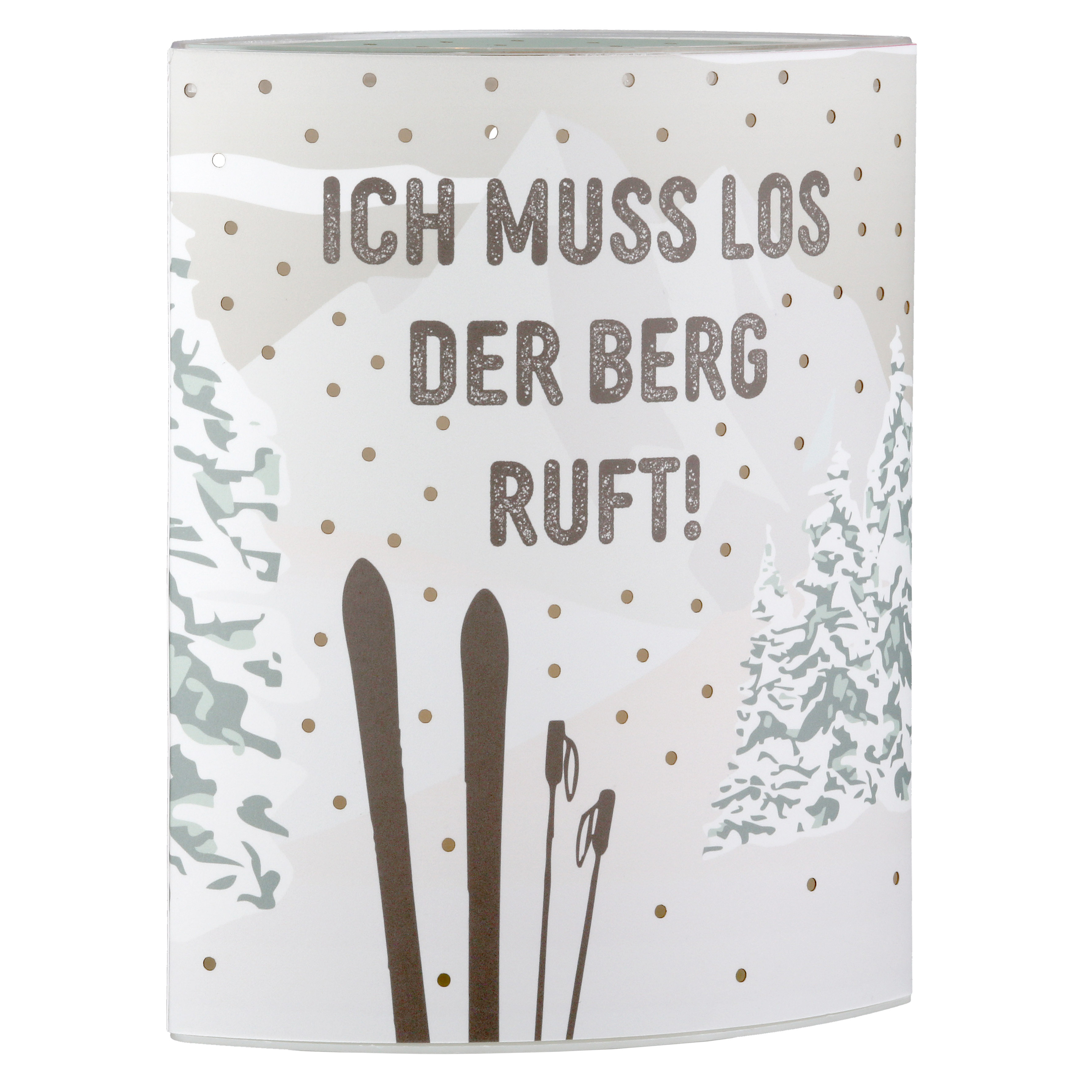 Dekoleuchte Schneevergnügen LED Papier weiß Schneeschuhe, Skifiguren, Winterbild, Berge, Spruch