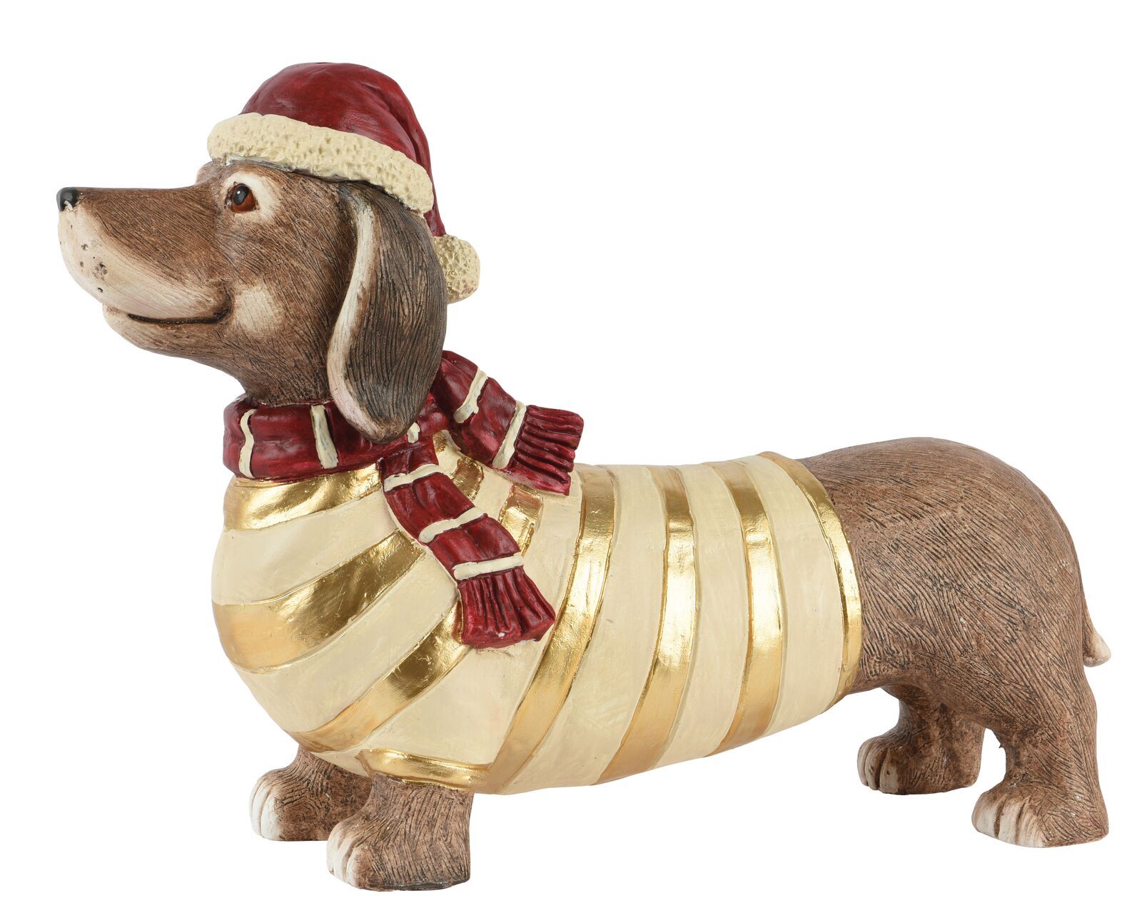 Deko Figur Dackel Frieda mit Pulli Hund, Weihnachtsdeko, Dackelfigur, Goldenstreifen, Schal