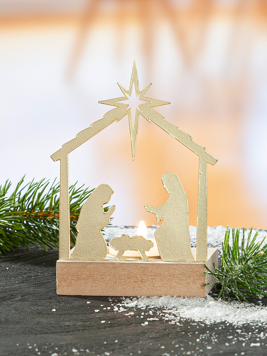 Weihnachtsdeko, Krippe, Silberfarbend, Kerzenhalter, Geborgenheit