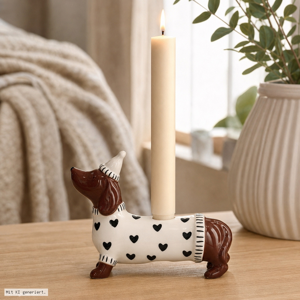 Mignon Kerzenhalter Dackel mit Mütze weiß 16,8x6,5x12,8cm Deko-Licht, Kerzenhalter, Hund, Herzchenmuster, Tafelkerze