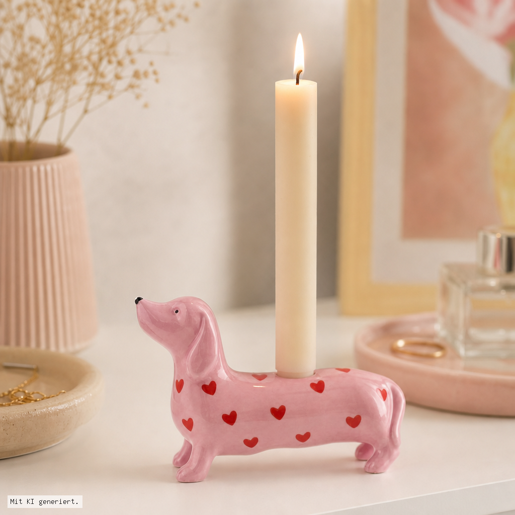 Deko-Objekt, Kerzenhalter, Kandle, Dachshund, Herzchen- Muster