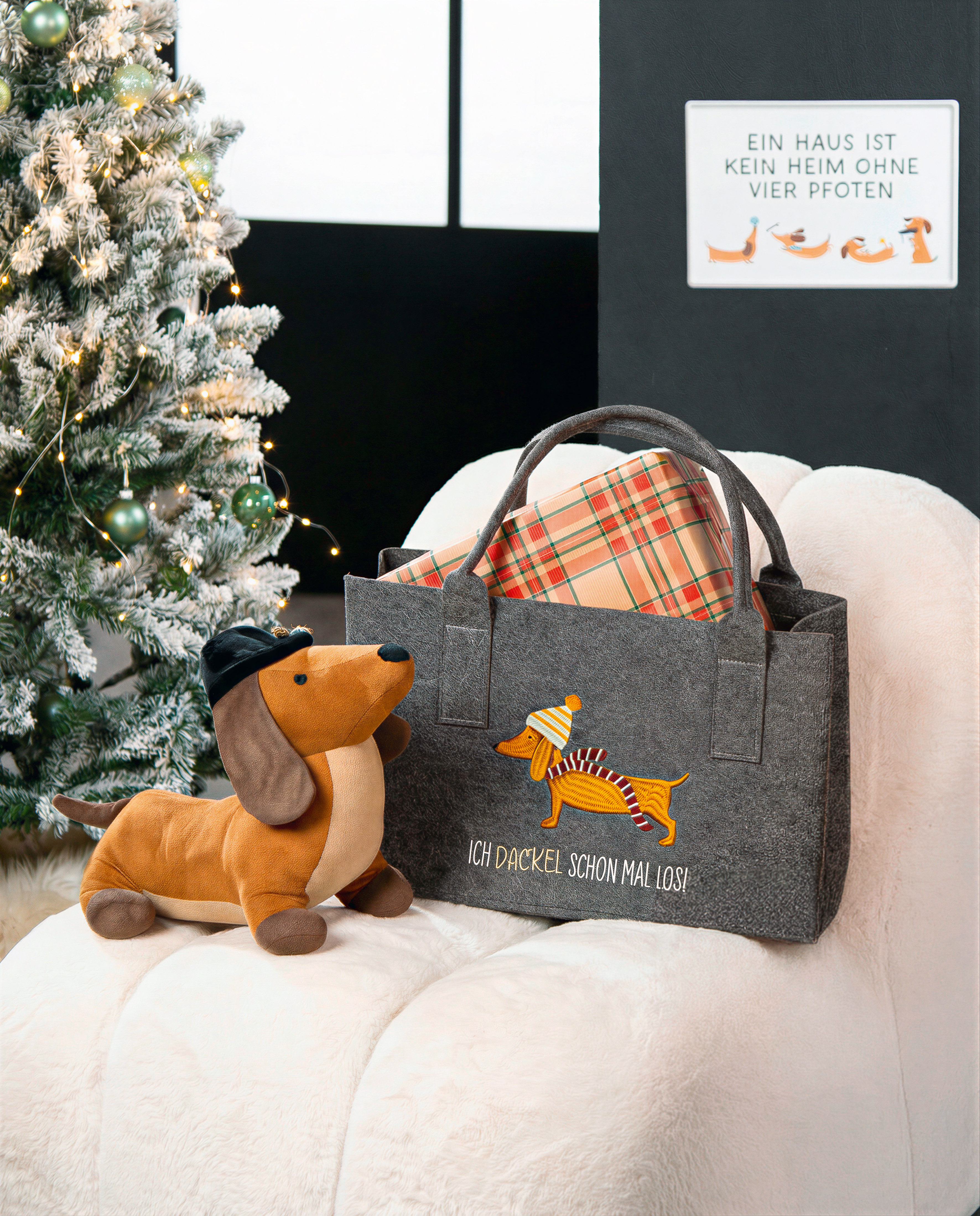 Tasche Frieda 40cm weihnachtsdeko, stofftasche, plüschhund, plüschhunde, tannenzweig