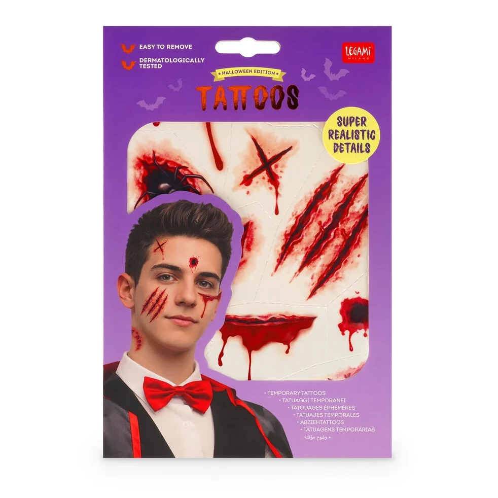 Tattoos, Temporäre Tattoos, Halloween-Edition, Schädel/Blutmotiv, Kostüm-Accessoire