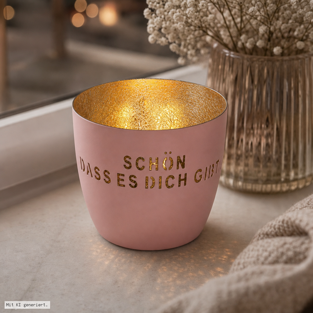 Madras Windlicht M mit Motiv Schön dass es Dich gibt rosa/gold Blumentopf, TonPink, Gold Innen, Dekotasse, Kaffeetasse