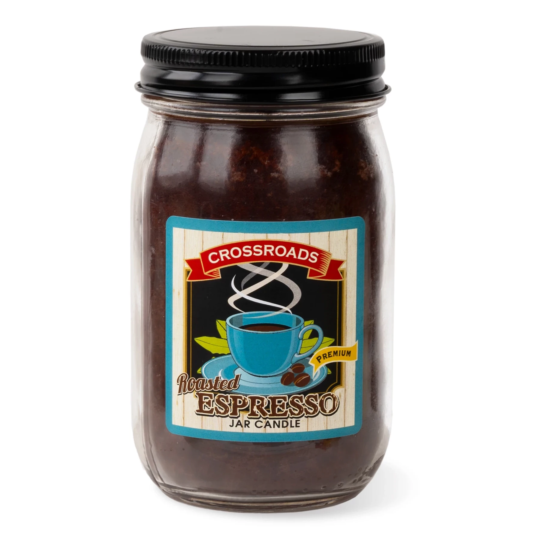 Espressoduftkerze, Kerzenglas, Braunes Wachs, Schwarzer Deckel, Kaffeebohnenmotiv