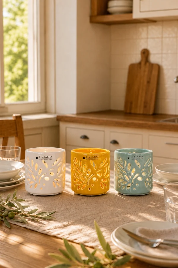 keramik-lichtbecher, zitrusfarben, ornamentierte tasse, tiziano, torz ceramic candle holder