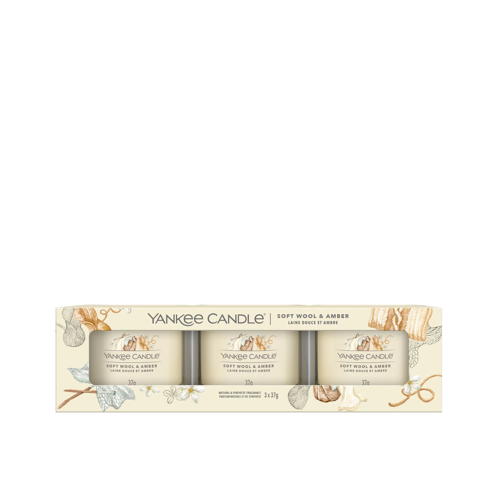 Soft Wool & Amber 37g Glasvotivkerze 3er Pack