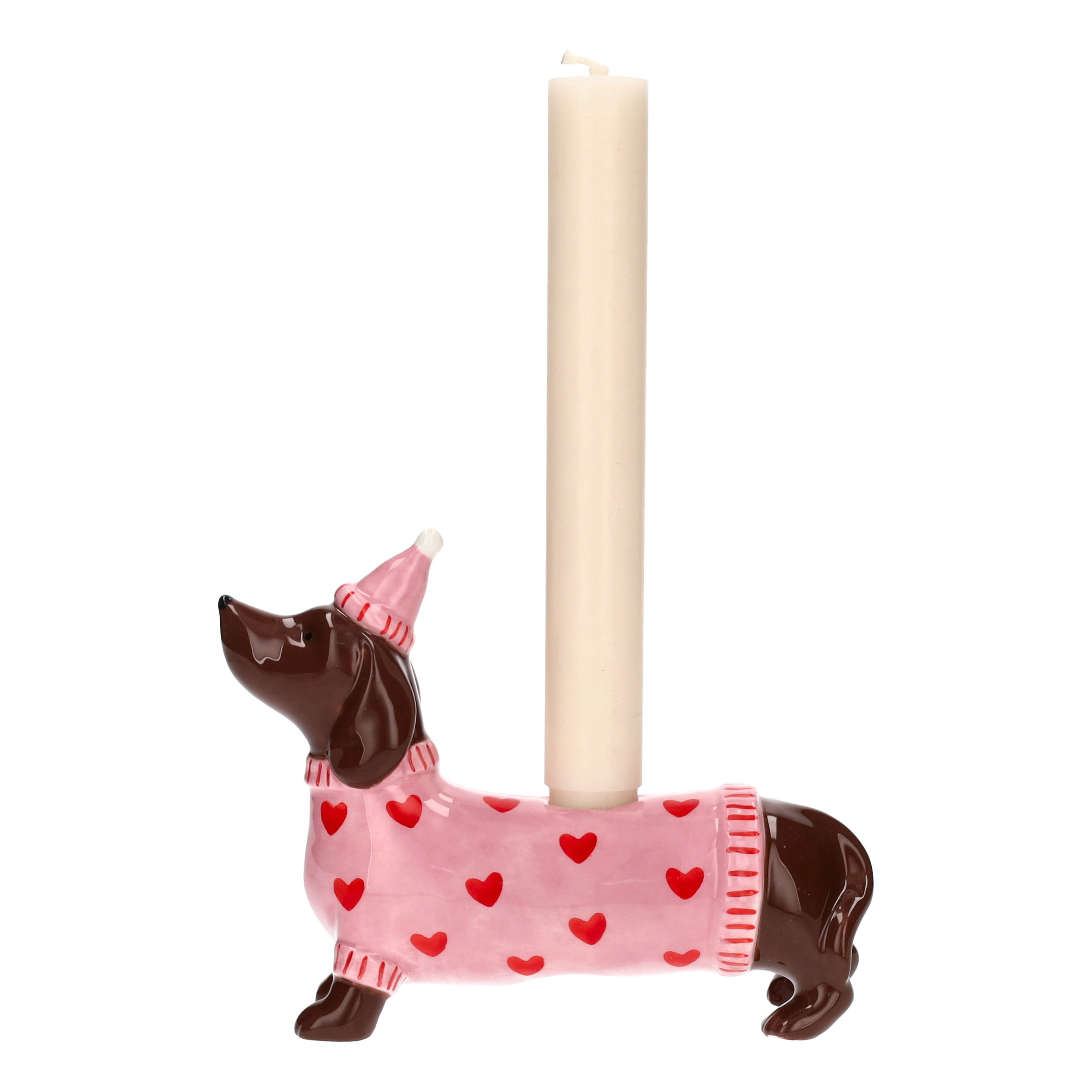 Mignon, Kerzenhalter Dackel mit Mütze, rosa Hund, Kerzenhalter, Kerlchen, Lampe, Dekoration
