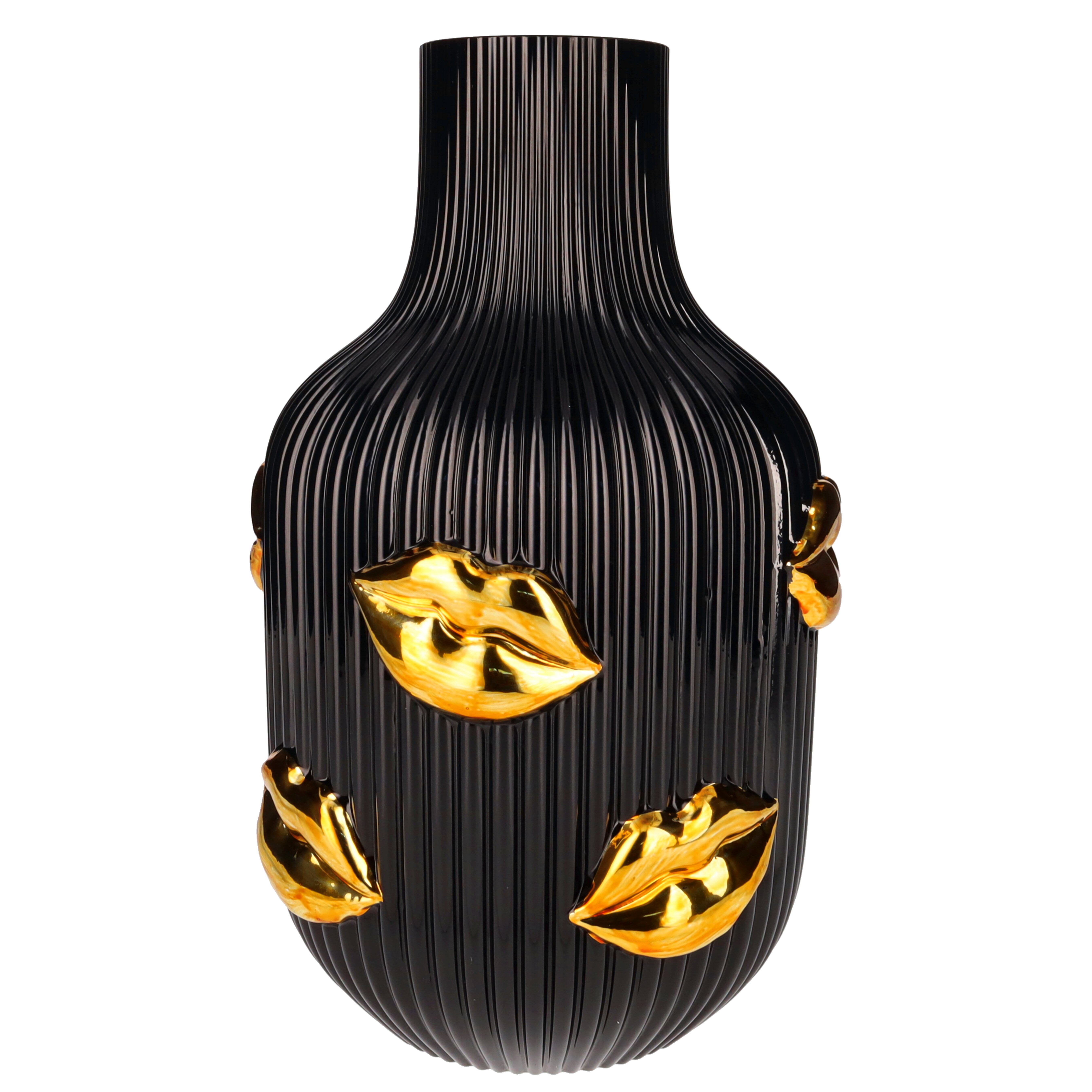 L´amour Vase mit goldenen Lippen, schwarz, 30cm Höhe Vase, Schwarz, Rippendes Muster, Goldakzente, Klassische Vase