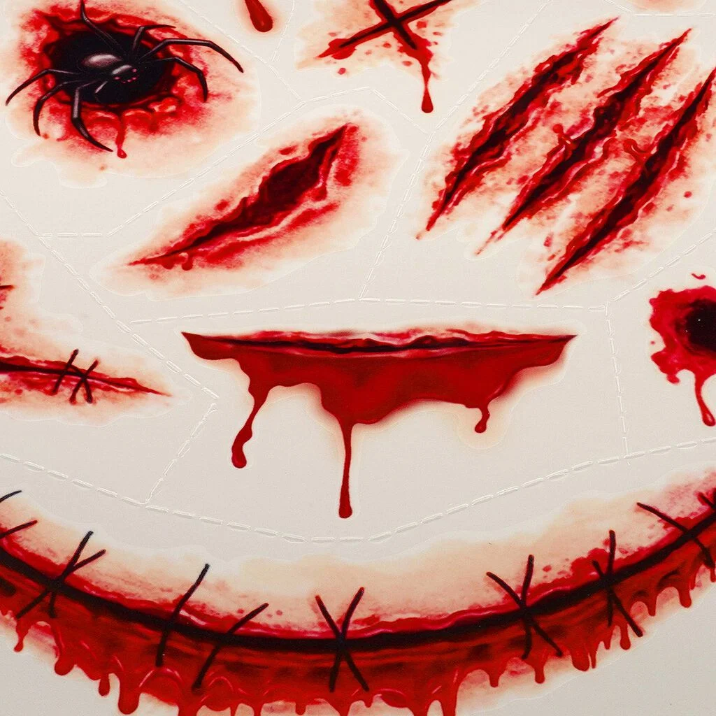 clown makeup, blood red, stitches, smile mask, gore art