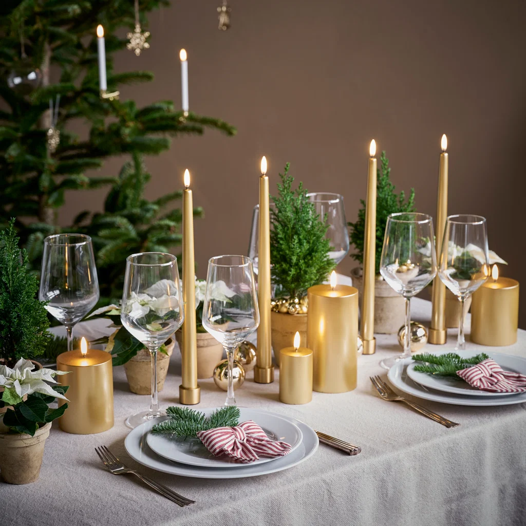 weihnachtstisch, kerzen, tischdeko, wein gläser, grüne pfanzen