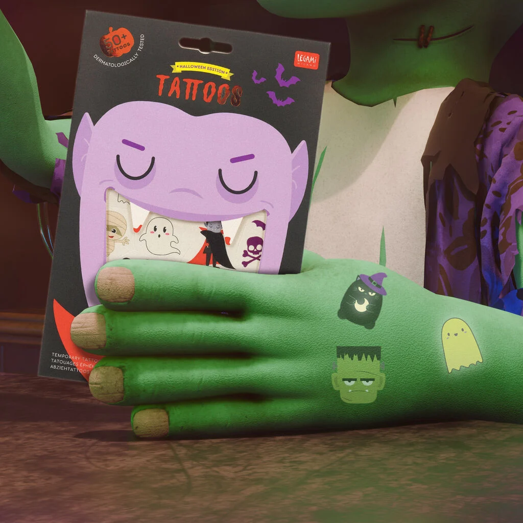 Halloween, Tattoo-Set, Scratch-Art, grüne Handschuhe, Cartoon-Monster