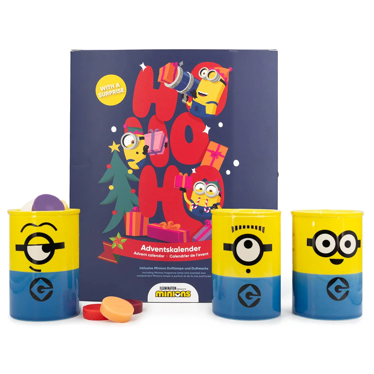 Minions™ Adventskalender mit Teelicht-Duftlampe & 24x Duftwachs Minions, Adventskalender, Geschenkset, Pralinenbüchse, Weihnachten