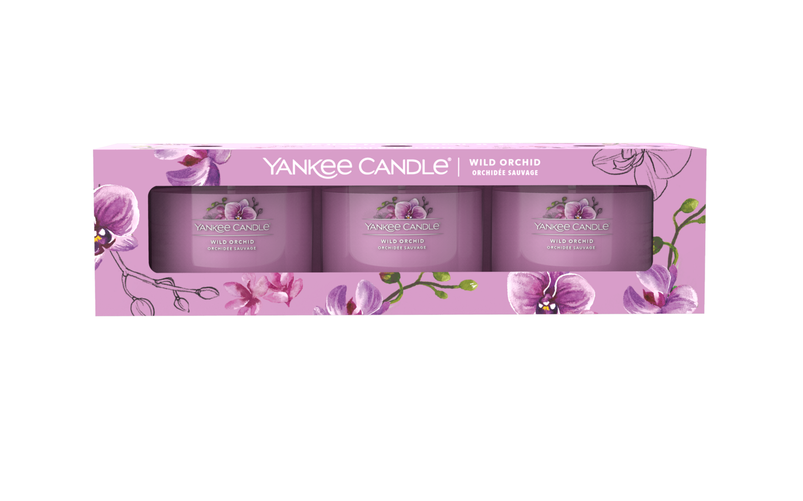 LR_EMEA_3PK_Wild_Orchid_Front Wild Orchid 37g Glasvotivkerze 3er Pack