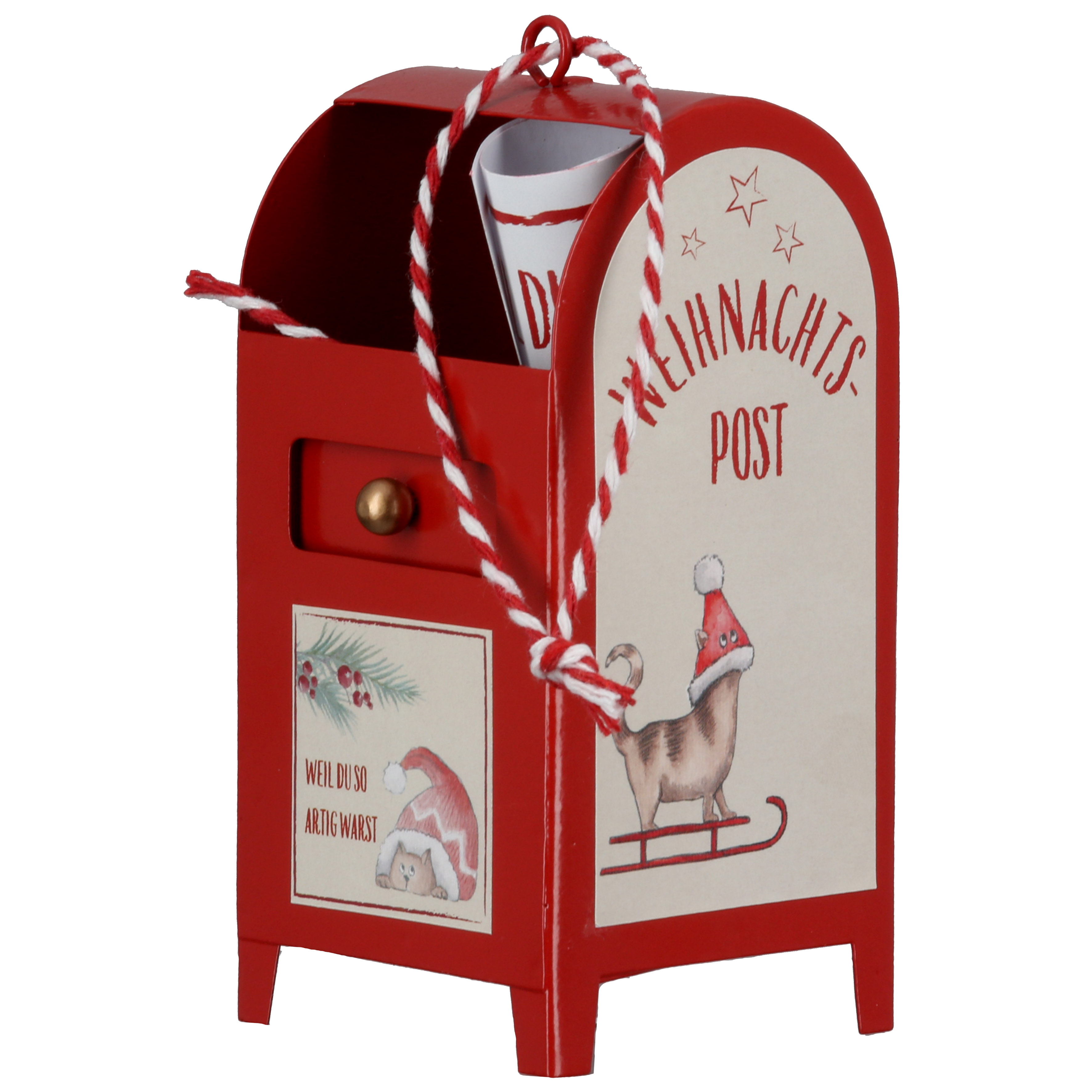 Grußkarte Briefkasten Miezi rot Post, Roter Briefkasten, Weihnachten, Schneemann-Design, Kleines Geschenksäckchen