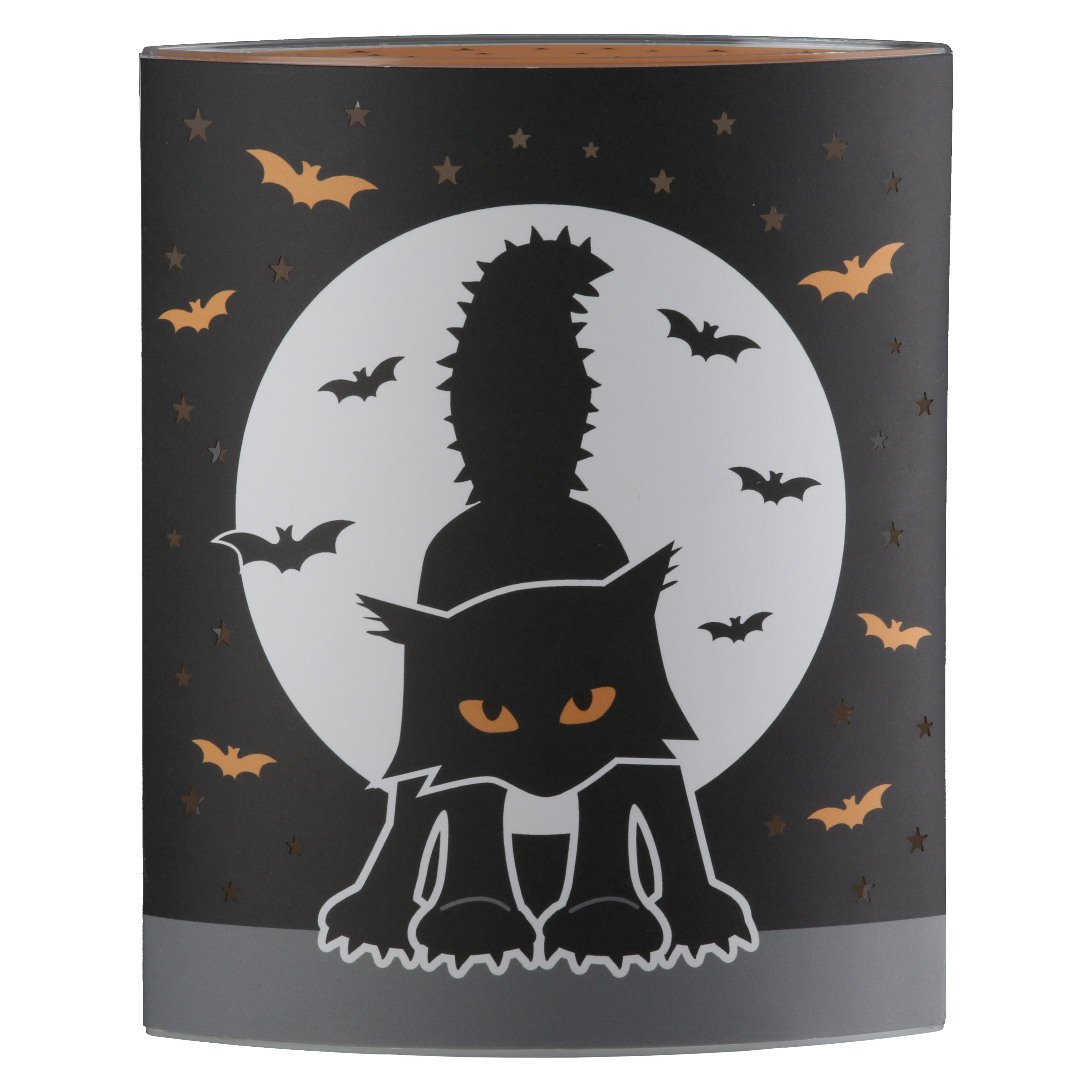 Halloween, Katzensilhouette, Fledermaus- motif, Vollmond, dunkler Hintergrund