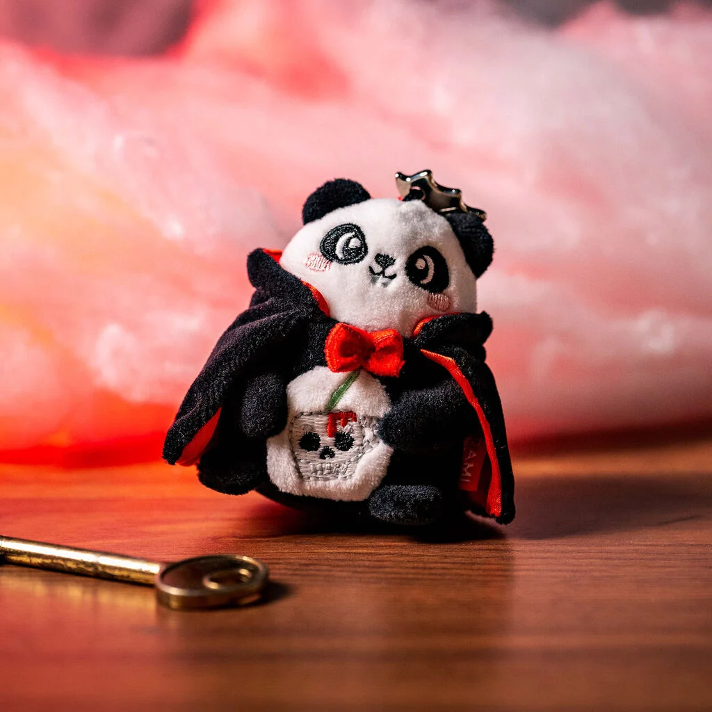 panda Plüsch, Mini-Plüsch, schwarz-weiß, roter Bow, Schlüsselanhänger
