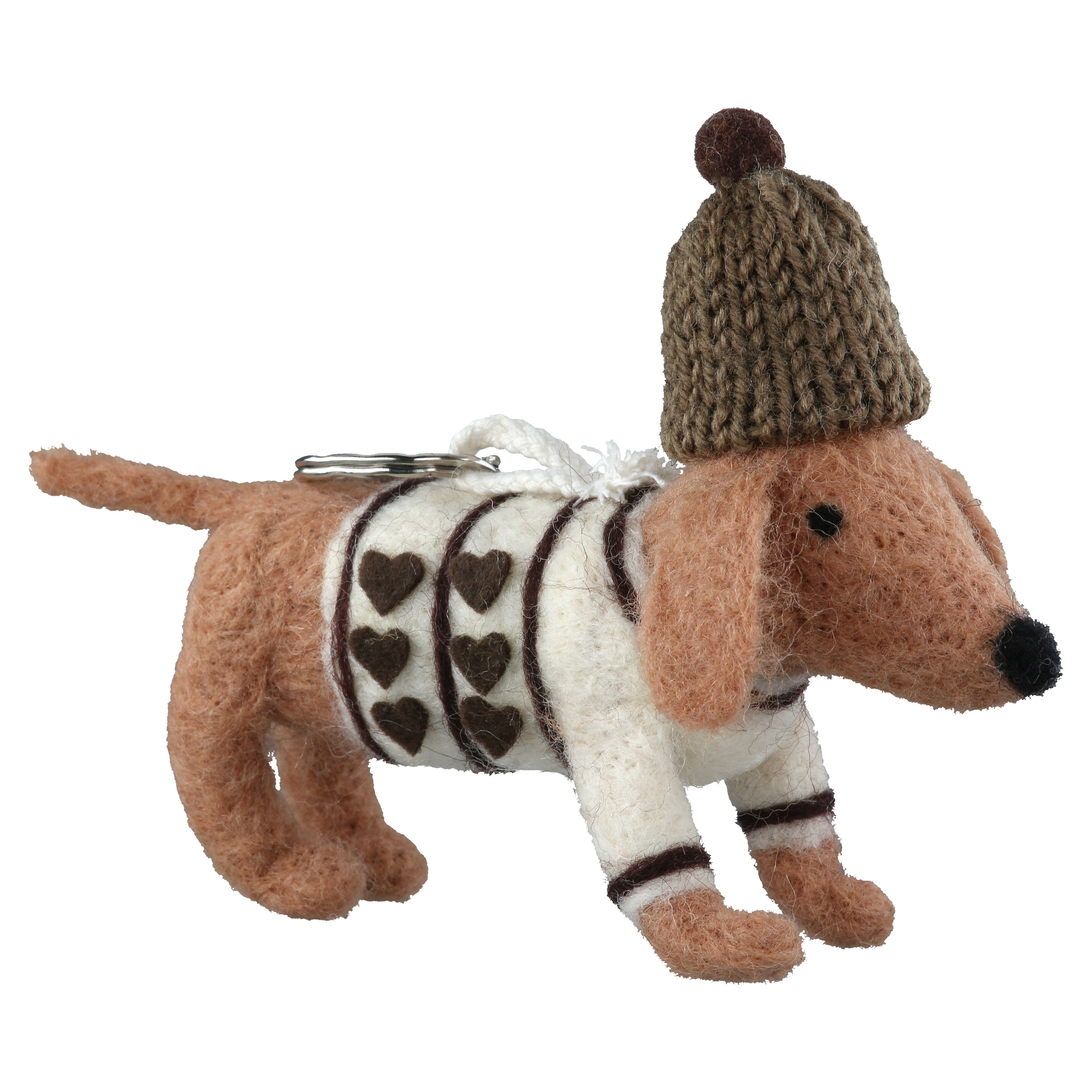 Schlüsselanhänger Dackel Frieda Hund, Kuscheltier, Pullover-Muster, Herzendes Muster, Strickmütze