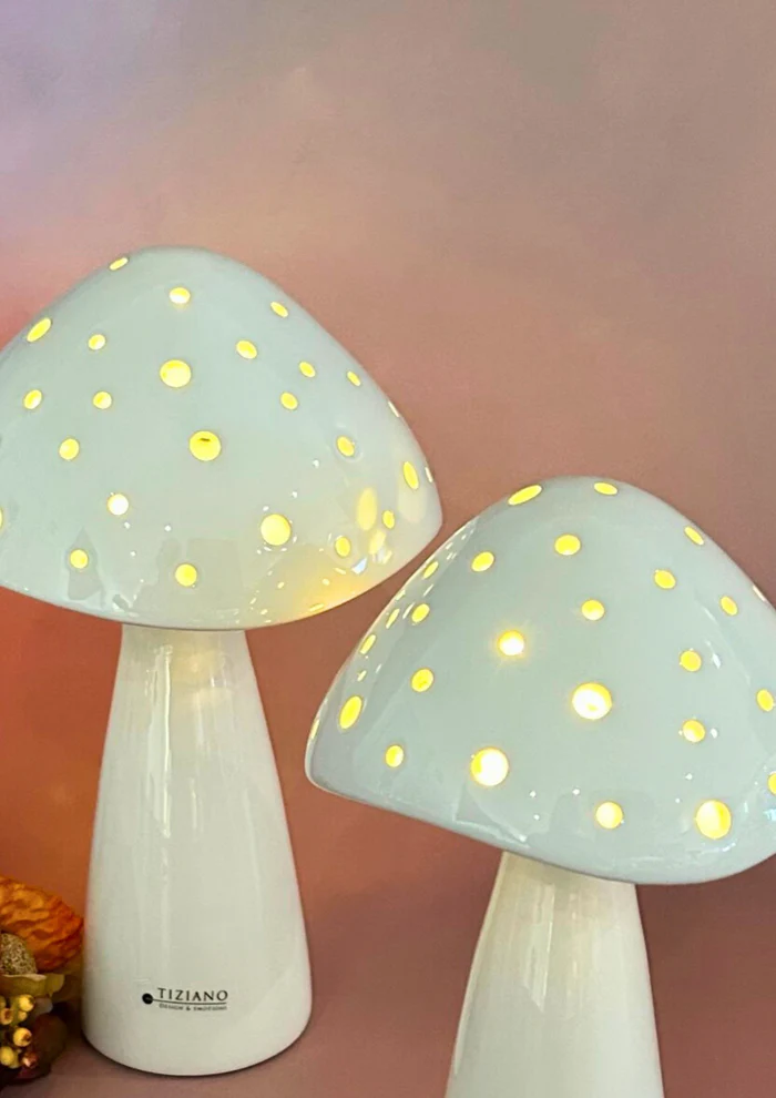 LED Pilz Niara 13,5cm cremeweiß pilz lampe, glow-in-the-dark?, blau perlmutt, gestanzte löcher, weiße basis