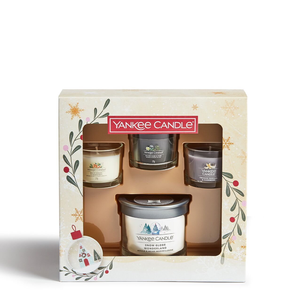 3 Glasvotivkerzen à 37g & kleiner Tumbler Geschenkset Weihnachten Snow Globe Wonderland