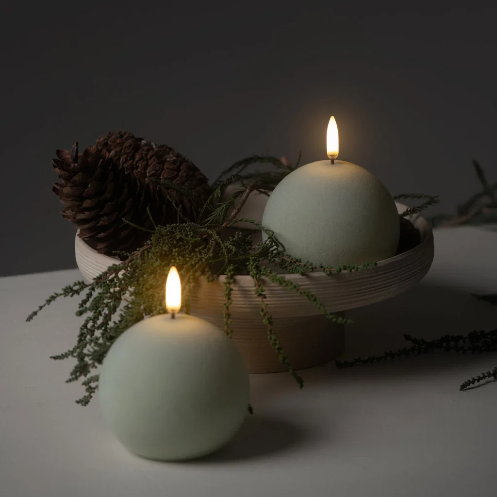 Piffany LED Kerze rund, Samt, Sage grün, 8x8cm Kugelleuchte, Zierkugel, Stumpen-Kerze, Zweige, Deko-Set